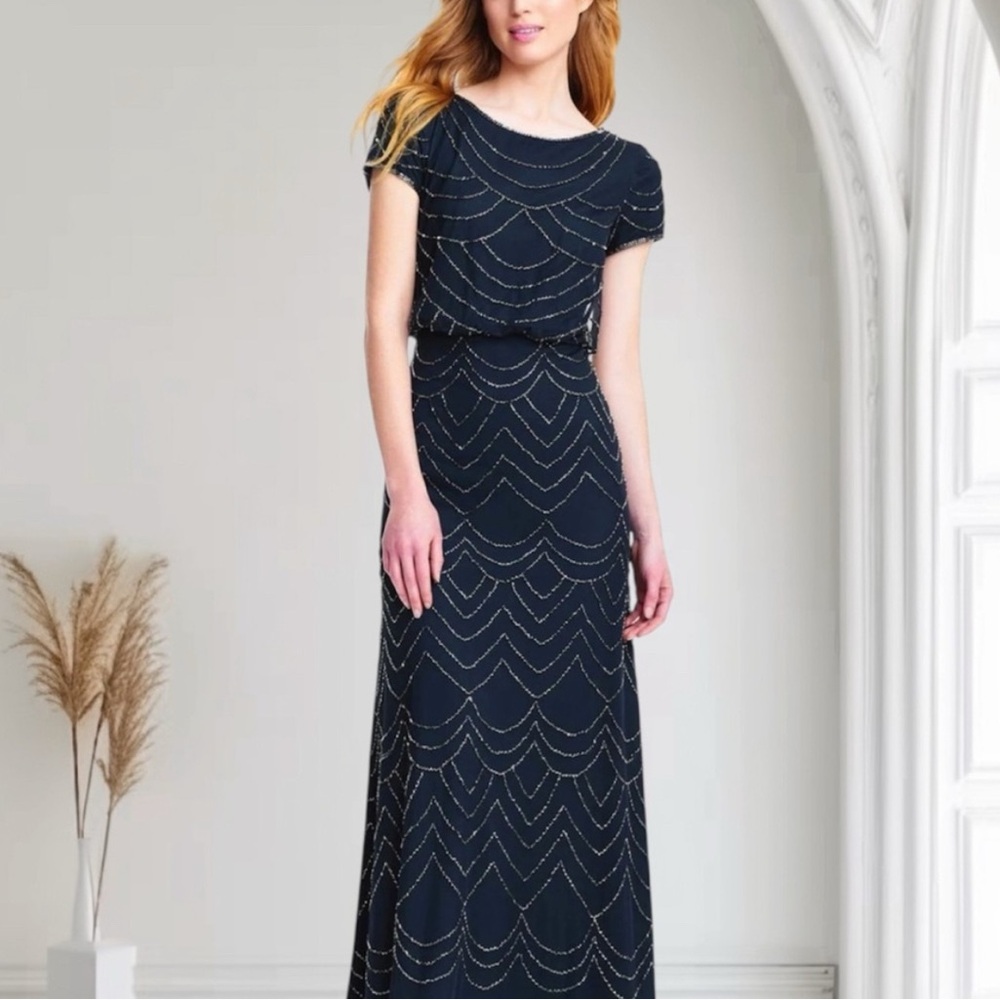 Adrianna Papell Navy Maxi Dress with Gold beads